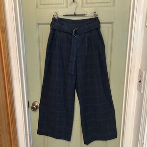 Navy Plaid Wide-Leg Pants with Belt